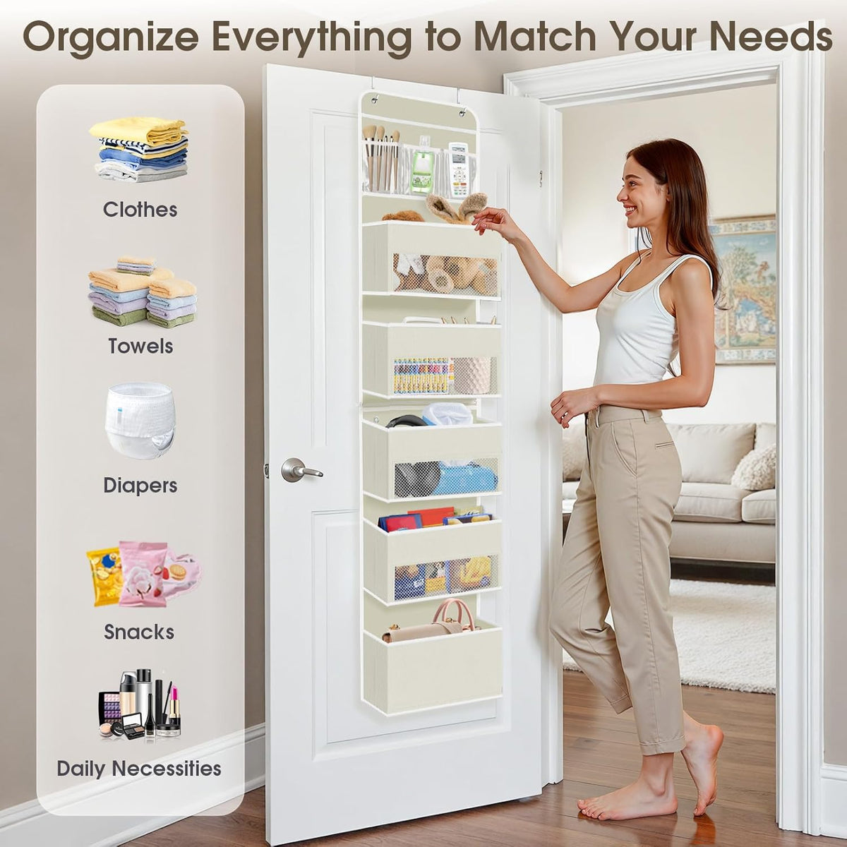 6-Tier Over The Door Organizer, Hanging Storage Organizer with Clear Window, 40lb Ultra Sturdy Large Capacity Room Organizer for Pantry Bathroom Nursery Closet Baby Essential (Beige)