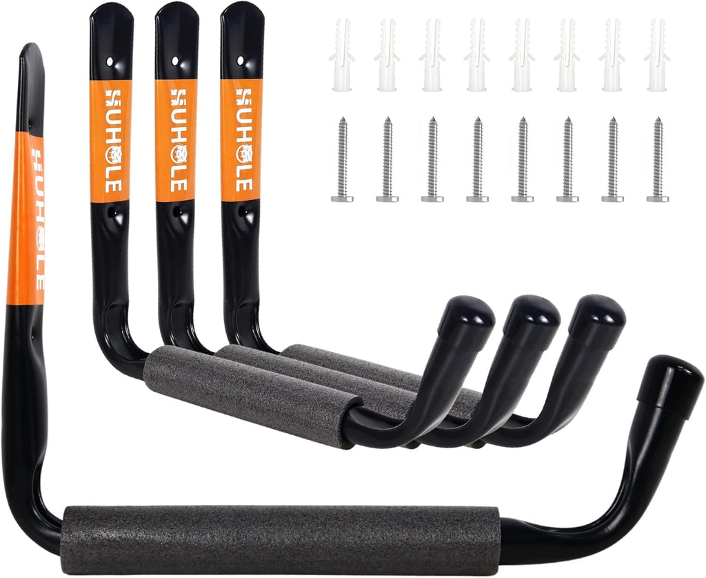 HUHOLE Heavy Duty Garage Ladder Hooks, 4PC, Black Wall Mount Ladder Hangers with 13.6" Jumbo Arm