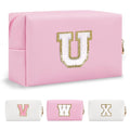 Personalized Initial A-Z Preppy Patch Makeup Bag,Small PU Chenille Letter Cosmetic Bag with Zipper for Teen Girls,Pink Cute Toiletry Organizer Bag,Monogram Makeup Case Gift for Women Girls,Letter U