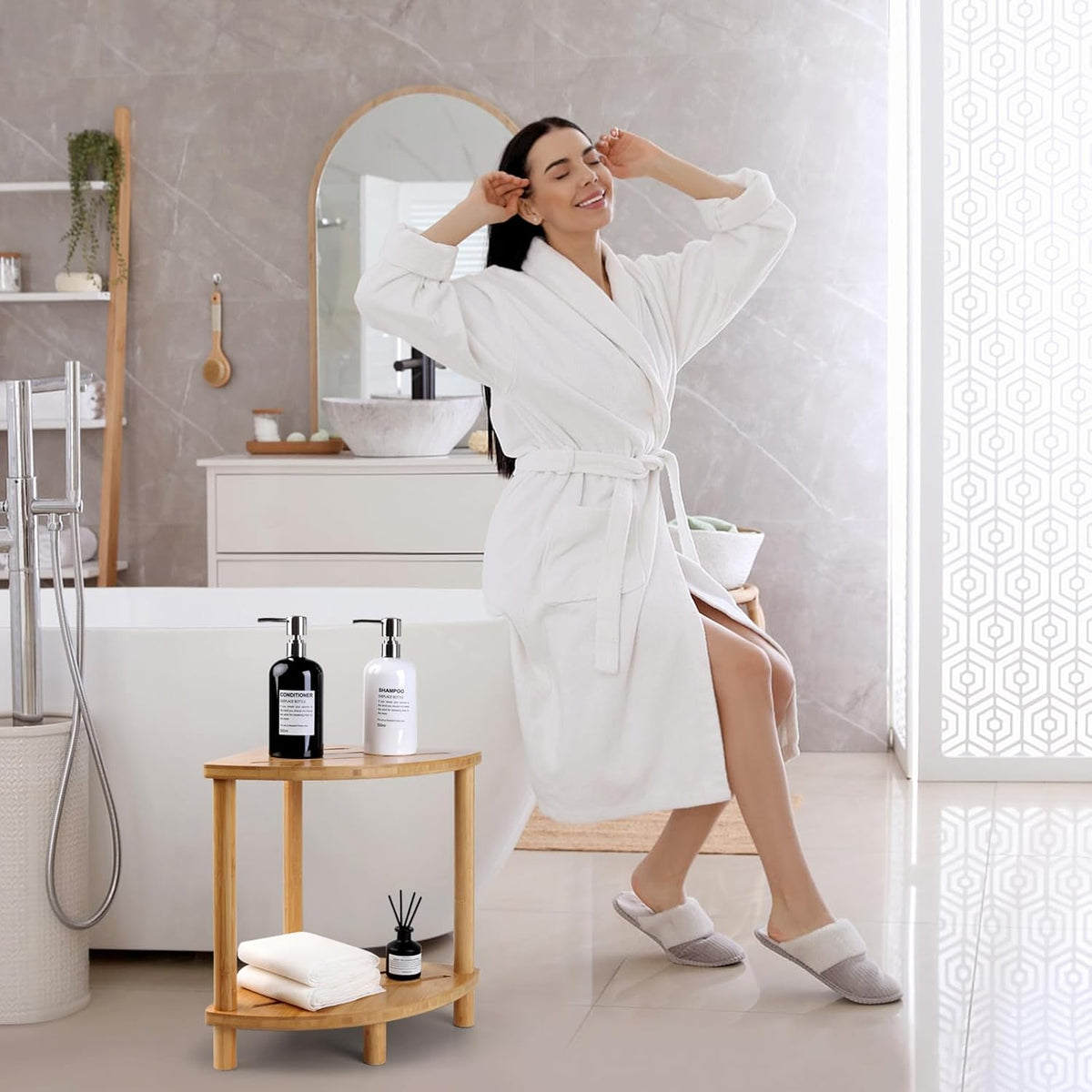 Upgraded Bamboo Corner Shower Stool for Inside Shower Waterproof,2-Tier Shower Foot Rest with Storage Shelf,Corner Shower Shelf Bench Caddy Shaving Leg,Bath Seat,Gifts for Women Mom