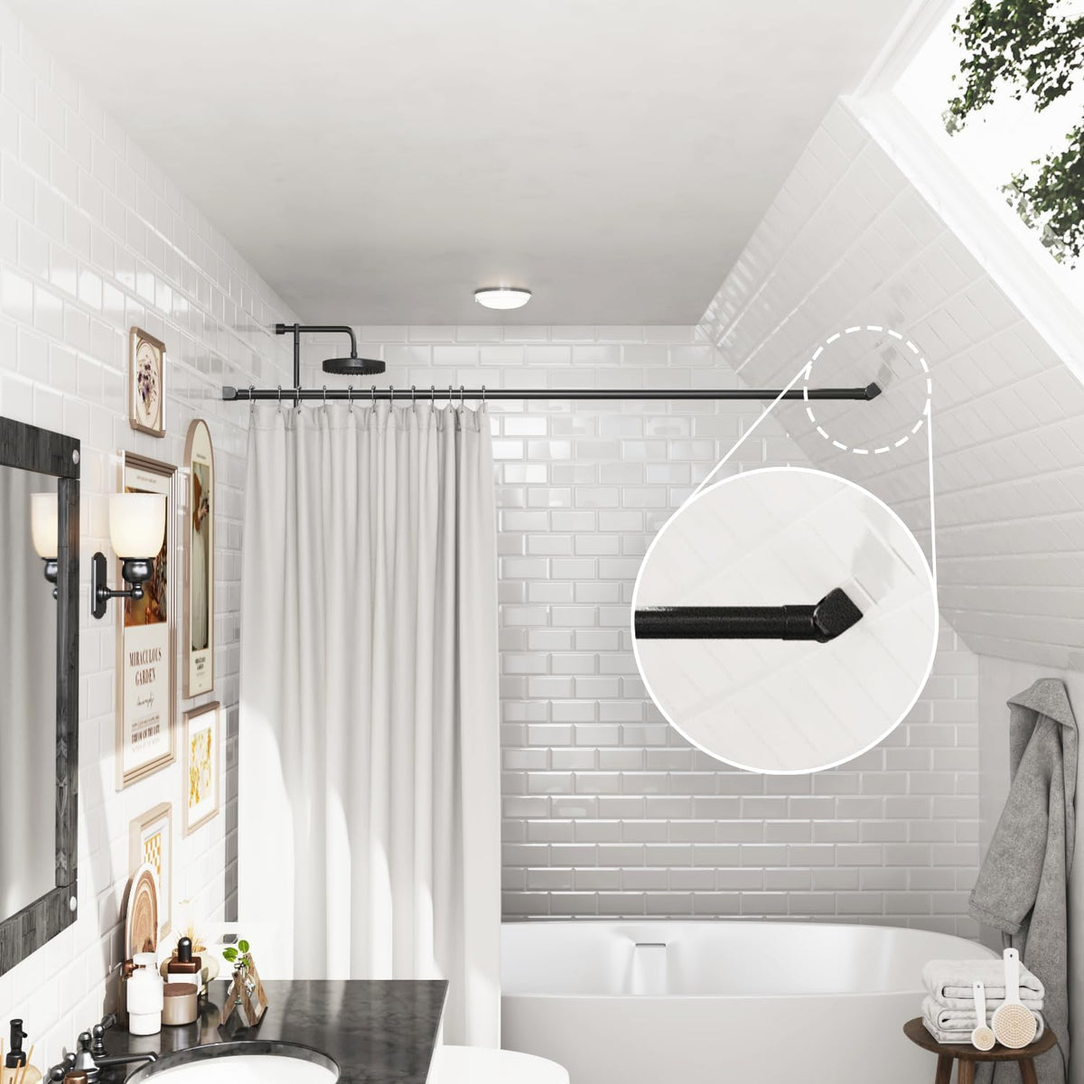 Naiture Shower Curtain Rod Single Swivel Flange or Bracket, Black | Solid Zinc Alloy, Fits 1" OD Shower Rods, Ideal for Sloped Ceilings & Corner Showers, Rustproof, Permanent Installation