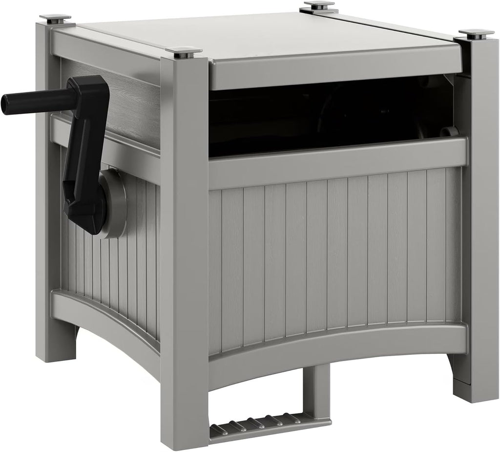 100 ft Garden Hose Reel Hideaway - Holds 5/8" Hose, Durable Resin Storage with Side Handle, No Assembly Required, Compact Design (21x15.5x16 in) for Outdoor Organization, Gray