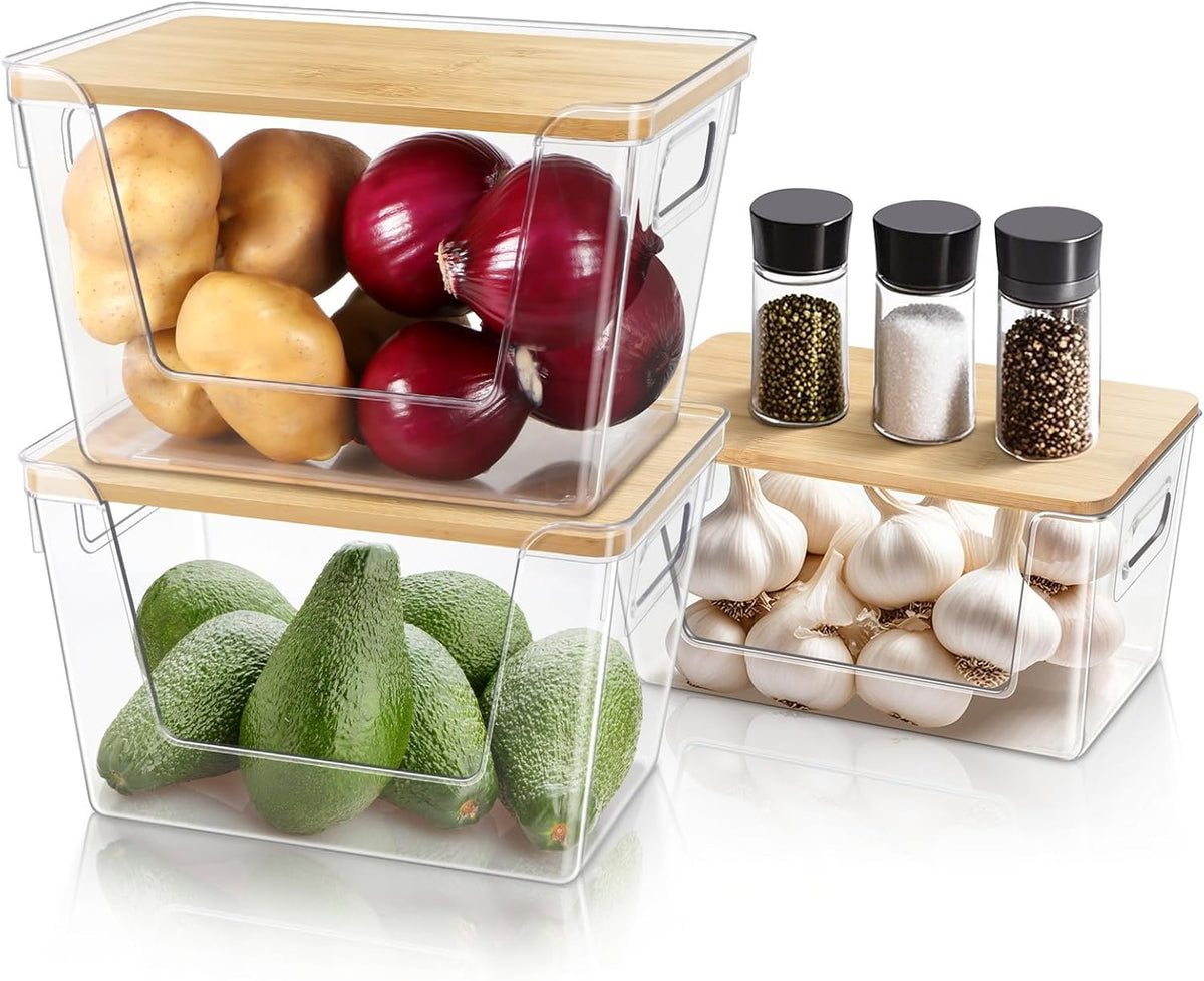 Pantry Organizers and Storage, Stackable Plastic Pantry Organizer with Lid & Handle for Kitchen Counter, Fridge for Fruit, Potato, Onion, Vegetable, 3 Set (Clear - 2 Large Bin & 1 Medium Bin)