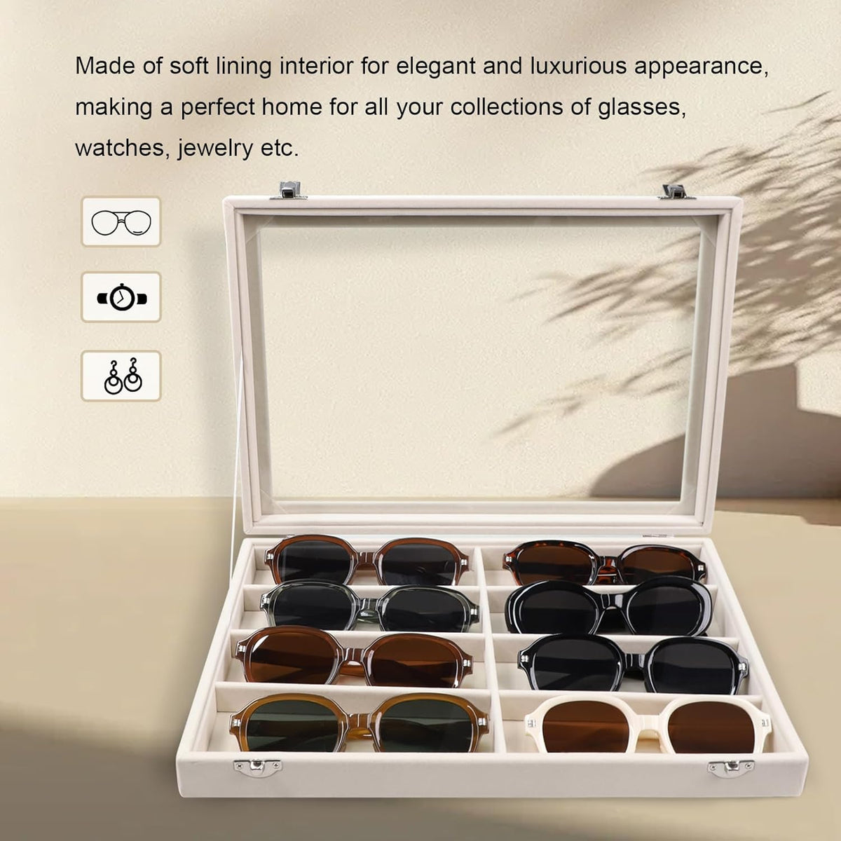 Stratalife Sunglasses Organizer Sunglass Display Tray Jewelry Tray with Lid Sunglasses Storage Case Drawer Watch Box for Men and Women Beige (8 Grids)