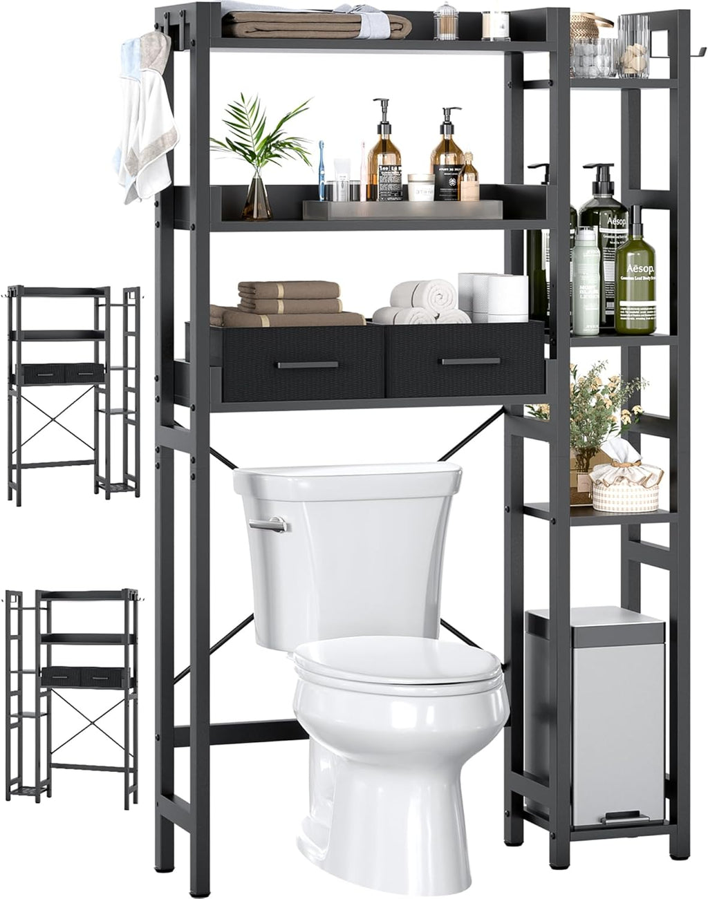 Over The Toilet Storage with 2 Drawers - 7 Tier Bathroom Organizer with Adjustable Shelf, Freestanding Space Saver Storage Rack Above Toilet Stand with 4 Hooks for Restroom, Laundry, Black