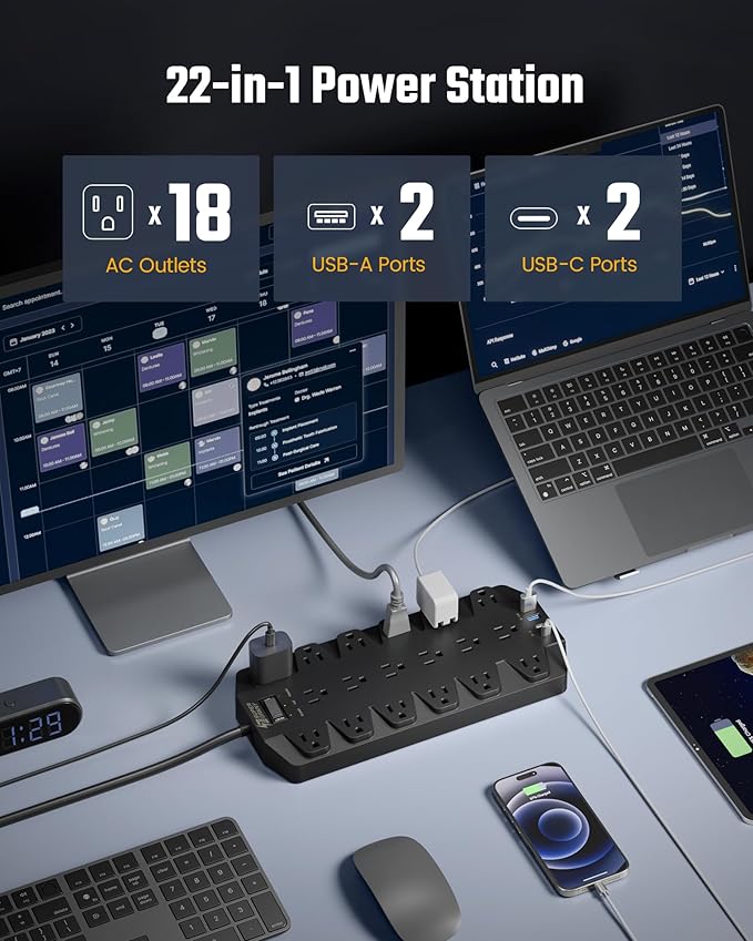 18 Widely Outlets Power Strip, SUPERDANNY Surge Protector