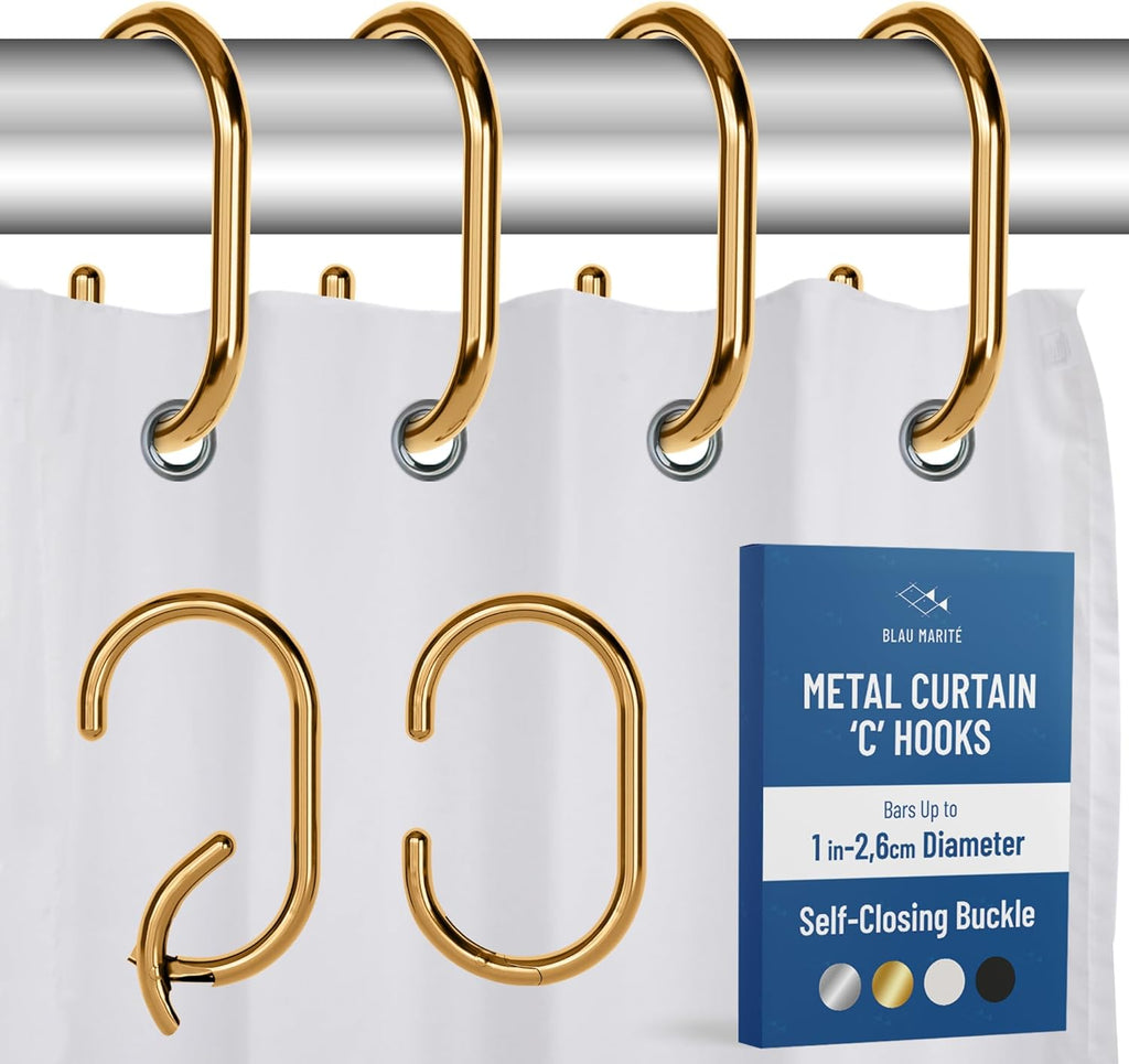 12 Metal Shower Curtain Hooks, Rust-Proof Decorative C-Shaped Curtain Hooks for Bathroom, Golden Shower Curtain Rings, Fits Rods Up to 1 Inch (C, Gold)