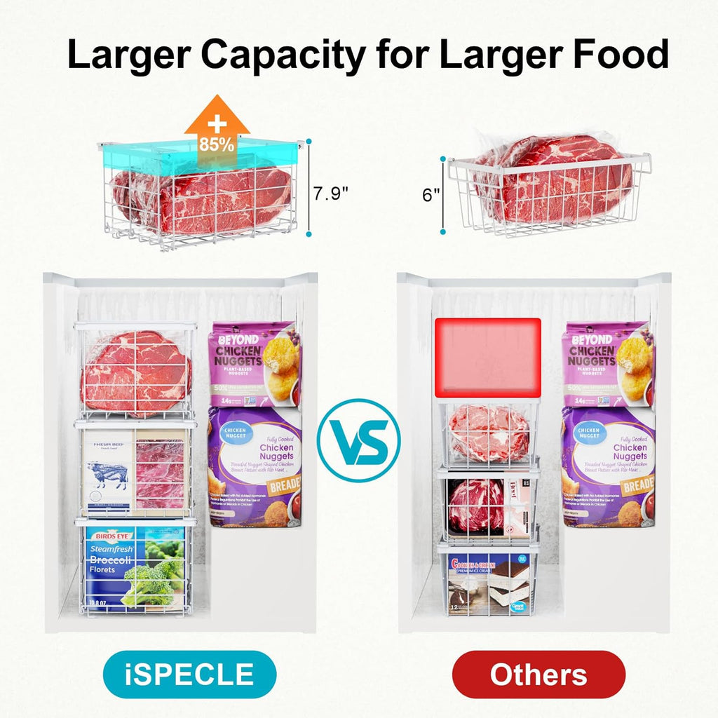 iSPECLE Deep Freezer Organizer Bins - 3 Pack Large Freezer Organizer Bins for 5 to 7 Cu.Ft Chest Freezer, Stackable Easy Access Food No More Digging, Sturdy Metal Wire Basket Not Scratch Bottom, White