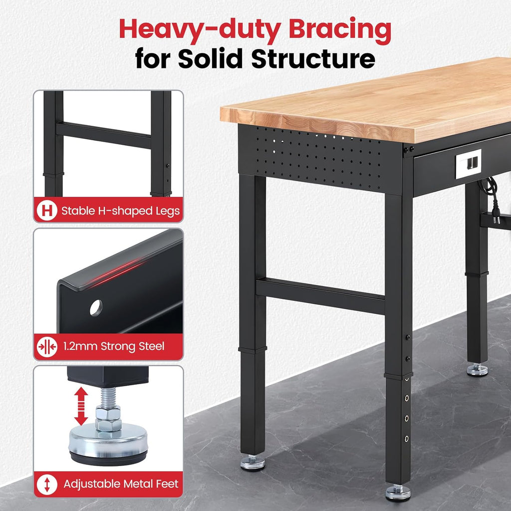 Workbench with Shelf Bracket 48 Inch Adjustable Height Work Bench for Garage Heavy Duty Rubberwood Tabletop Work Table with Drawer, Power Outlets for Woodworking, Home, Office, Workshop