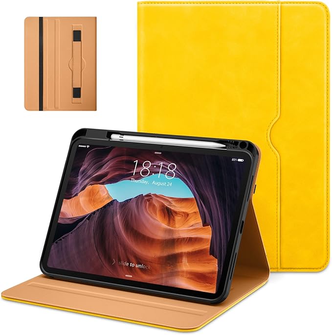 DTTO for iPad (A16) 11th Generation Case 11 Inch 2025, iPad 10th Generation Case 10.9 Inch 2022, Premium Leather Business Folio Stand Cover with Pencil Holder - Auto Wake/Sleep, Yellow