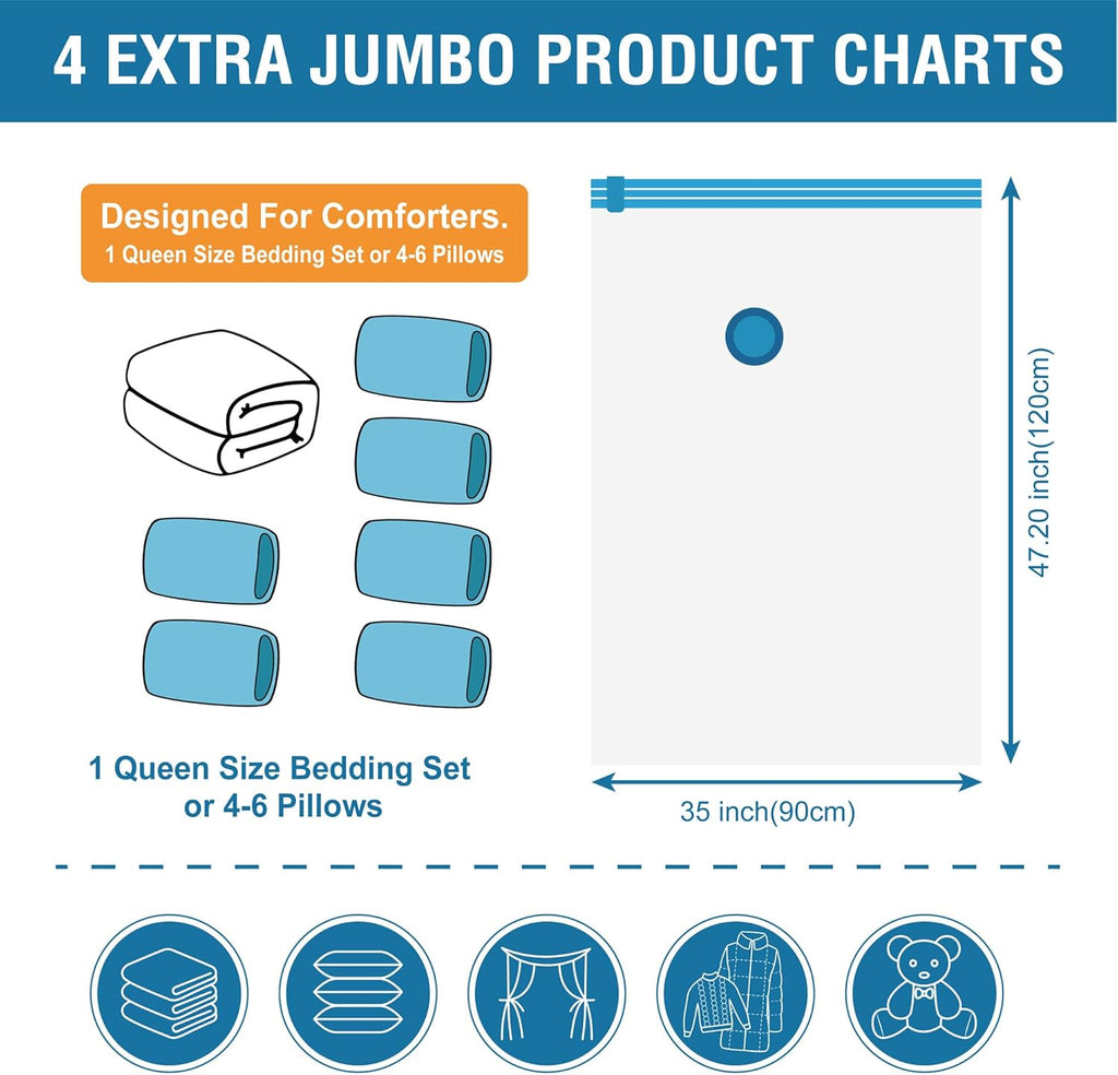 4 Pack XXL Jumbo Vacuum Storage Bags, Extra Large Vacuum Seal Bags for Comforters, Bedding, Blanket Storage, Giant Space Saver Bags for Huge Stuffed Toy(47.2x35 in)