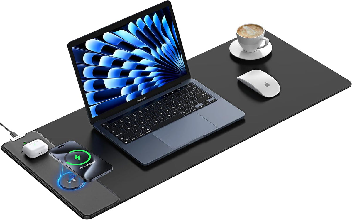 TopMade Mouse Pad with 15W Fast Wireless Charging, 31.5"x11.81" XL Large Gaming Waterproof Desk Pad with Ultra-Smooth Surface, Non-Slip Base, Classic Black Computer Desk Mat for MacBook, PC, Laptop