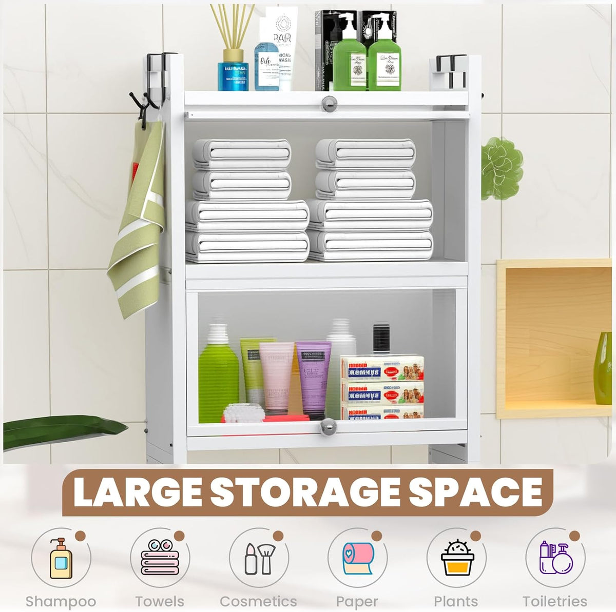 ZZL Over The Toilet Storage Cabinet,3-Tier,Bathroom Toilet Organizer,Waterproof, Cabinet Door Design,Freestanding Space Saver with 4 Hooks for Bathroom,White