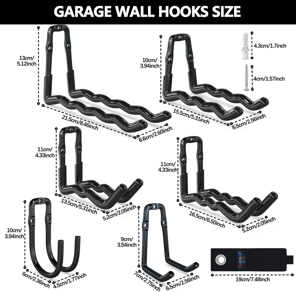 3-H Heavy Duty Garage Hooks 14 Pack, One-Piece Construction Garage Wall Hooks, Garage Hanger & Organizer Wall Mount for Ladders, Bikes, Chairs, WeedEaters, Shovels, Garden Tools (Black)