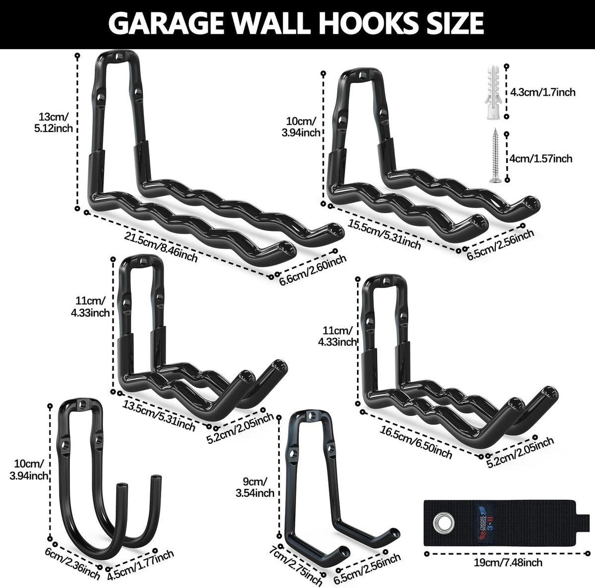 3-H Heavy Duty Garage Hooks 14 Pack, One-Piece Construction Garage Wall Hooks, Garage Hanger & Organizer Wall Mount for Ladders, Bikes, Chairs, WeedEaters, Shovels, Garden Tools (Black)