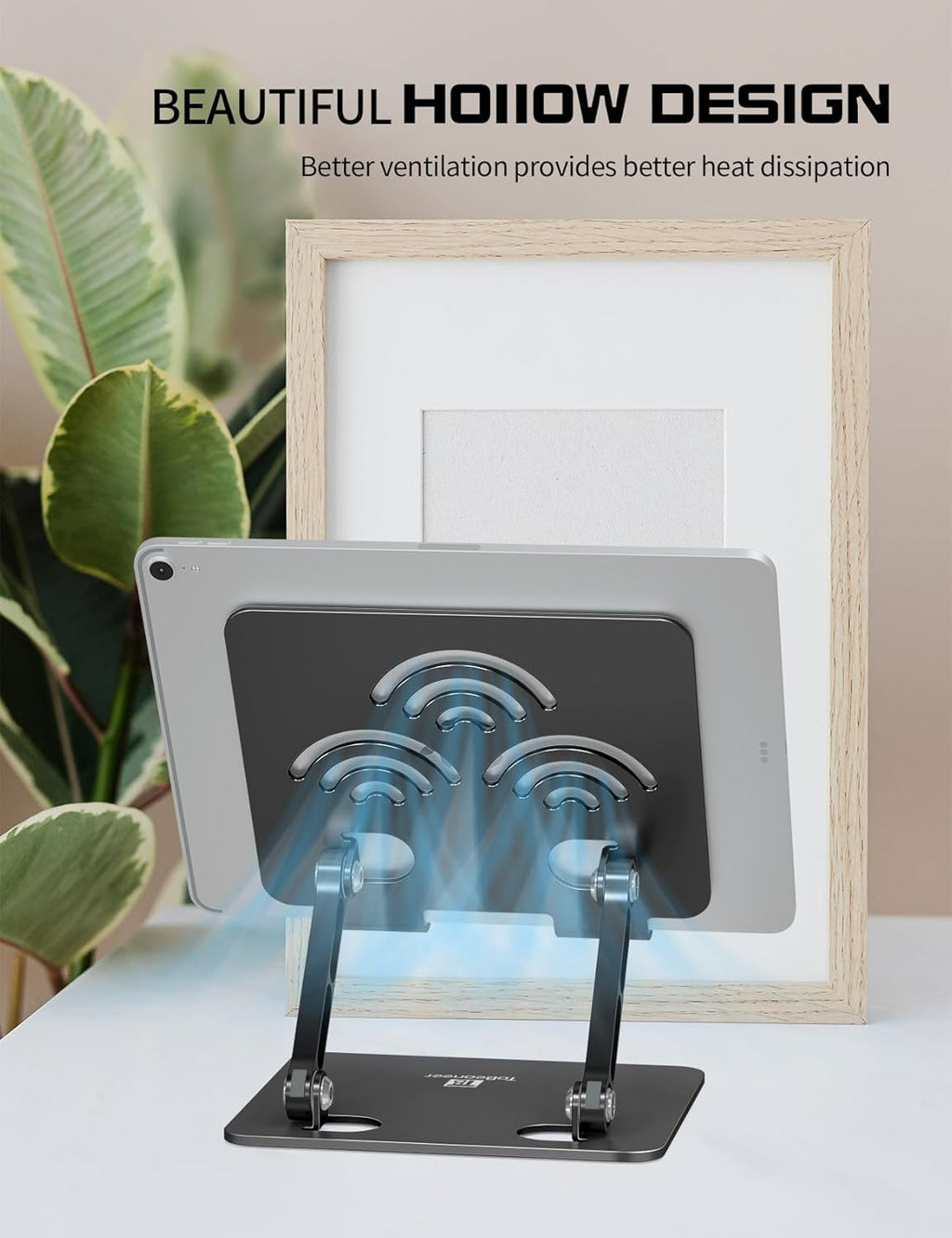 Adjustable Tablet Stand for Desk, Premium Aluminum Holder for iPads, Tablets, Kindles, Switch, Phones, and All Devices up to 14 Inches. Portable and Foldable Black, Plus Size