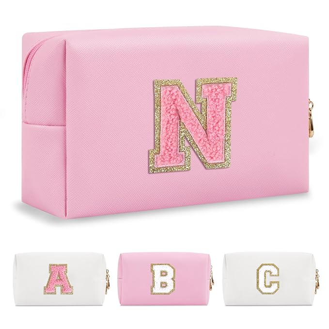 Personalized Initial A-Z Preppy Patch Makeup Bag,Small PU Leather Chenille Letter Cosmetic Bag with Zipper for Teen Girls,Pink Cute Travel Toiletry Bag,Birthday Monogrammed Gift for Daughter,Letter V