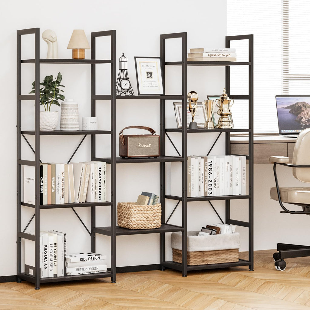 NUMENN Triple Column 4 Tier Bookshelf, Bookcase with 11 Open Display Shelves, Adjustable Rustic Industrial Style Book Shelves, Modern Bookshelves for Bedroom, Living Room and Home Office, Black