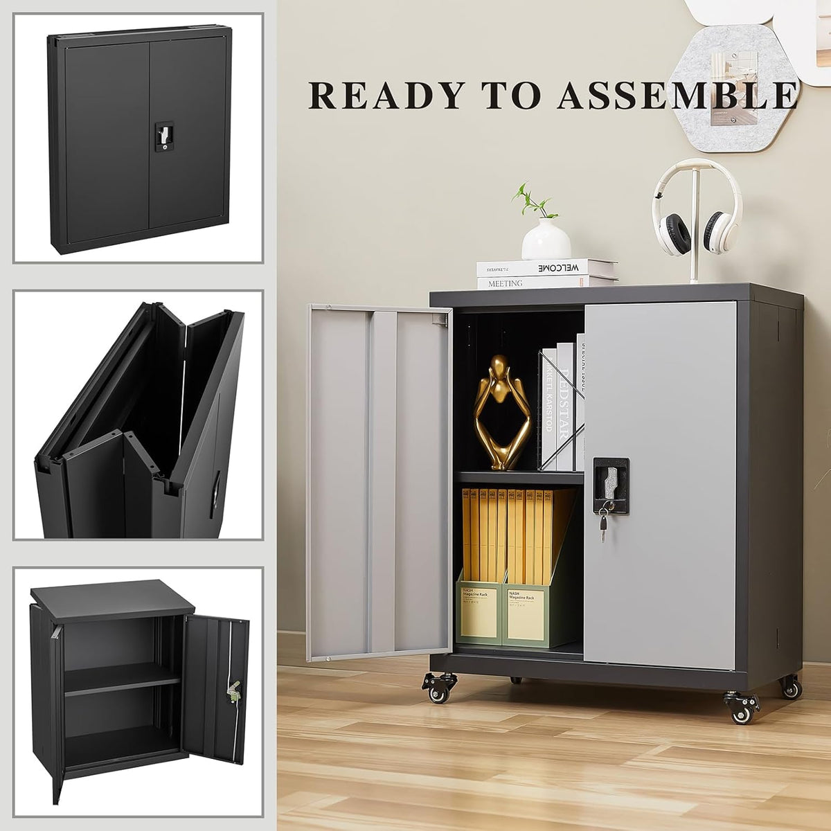LUCYPAL Metal Storage Cabinet with 2 Doors,Steel Storage Cabinet with Adjustable Shelves and Wheels,Locking Tool Cabinets for Office,Home,Garage,Black&Grey 31.5" H