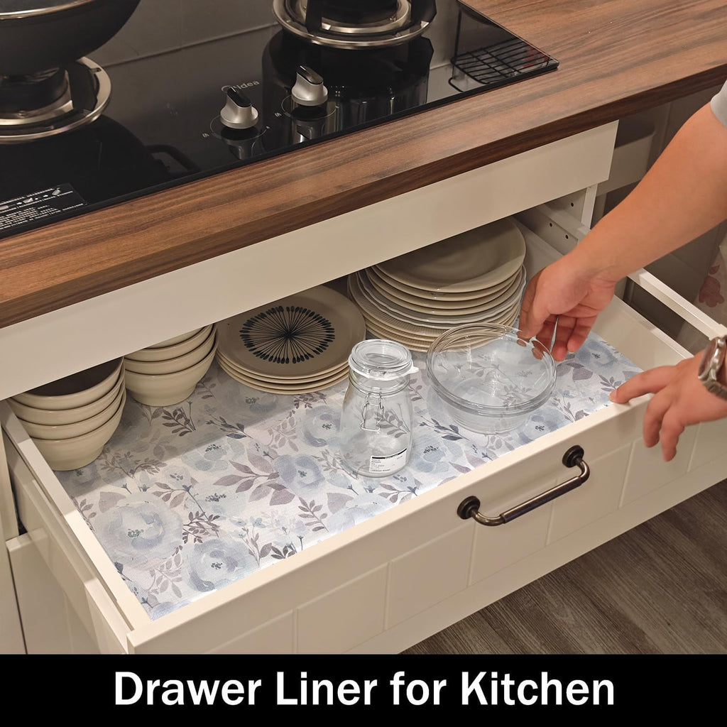 Blue Peony Shelf and Drawer Liner for Kitchen,Non-Adhesive and Strong Non-Slip Floral Cabinet Drawer Liners for Kitchen Shelf, Waterproof Cupboard Liners,Easy to Clean,12IN x 10FT