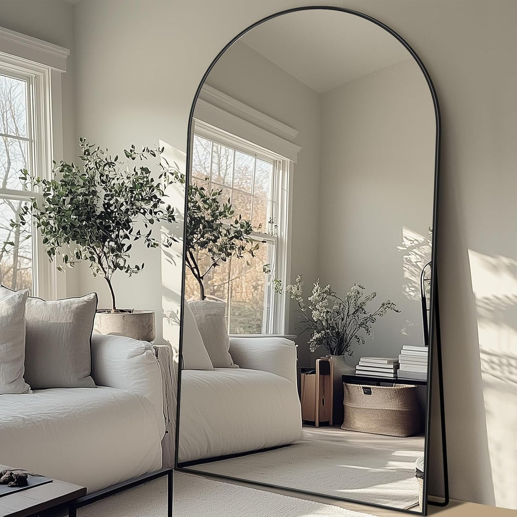 Full Length Mirror, 83"x44" Floor Mirror Freestanding, Oversized Floor Standing Full Body Mirror with Stand for Bedroom, Hanging Mounted for Living Room Cloakroom, Black, Arched