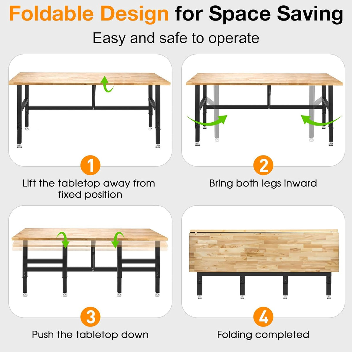 72” Folding Workbench, 3000 LBS Capacity Heavy Duty Workbench, Height Adjustable Foldable Work Table, Rubberwood Collapsible Desk for Workshop, Garage, Office, Home