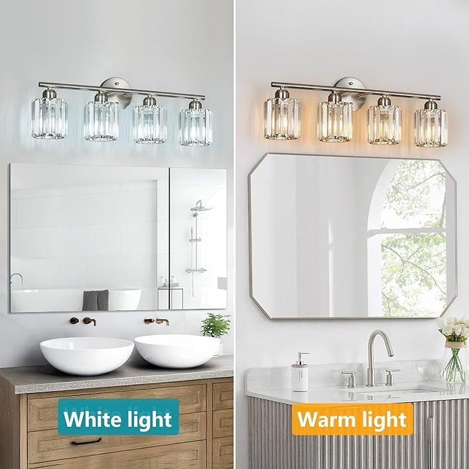 FDPBY Modern 4 Light Crystal Vanity Light, Brushed Nickel Vertical Bathroom