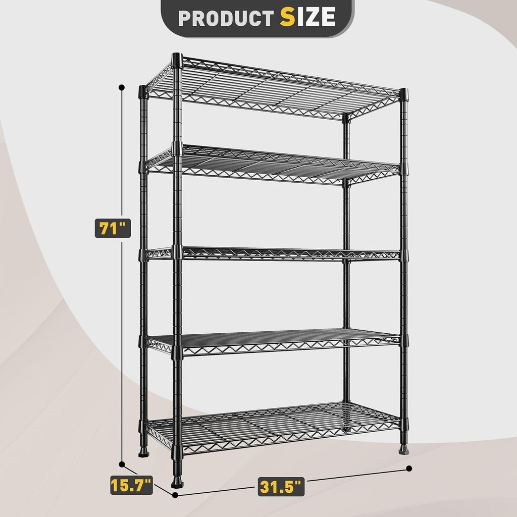 REIBII Storage Shelves, 5-Tire Wire Shelving Load 1000LBS Metal Shelves for Storage Adjustable Garage Shelving Unit Wire Shelf Rack Kitchen Storage Rack Pantry Shelves 31.5''W x 15.7'' D x 71''H