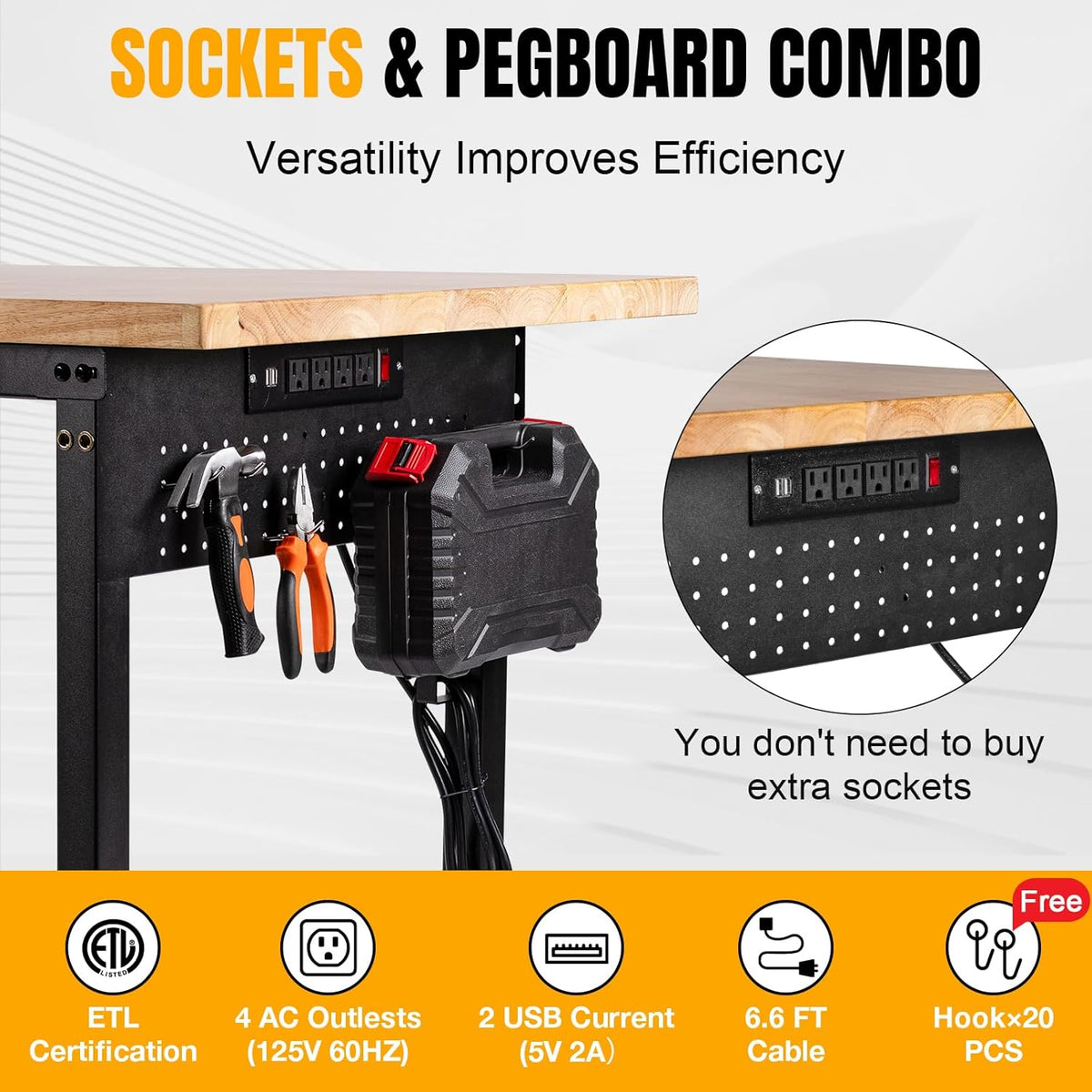 Height Adjustable Workbench 60”×22” Heavy Duty Work Table 2000 LBS Load Capacity Rubber Wood Work Station with Power Outlet & Pegboard for Garage, Office, Workshop, Home, Party Shop