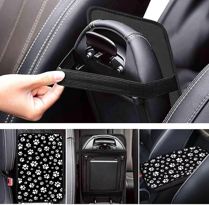 Black White Dog Paws Print Center Console Cover,Auto Armrest Cover Universal Car Armrest Storage Box Interior Accessories