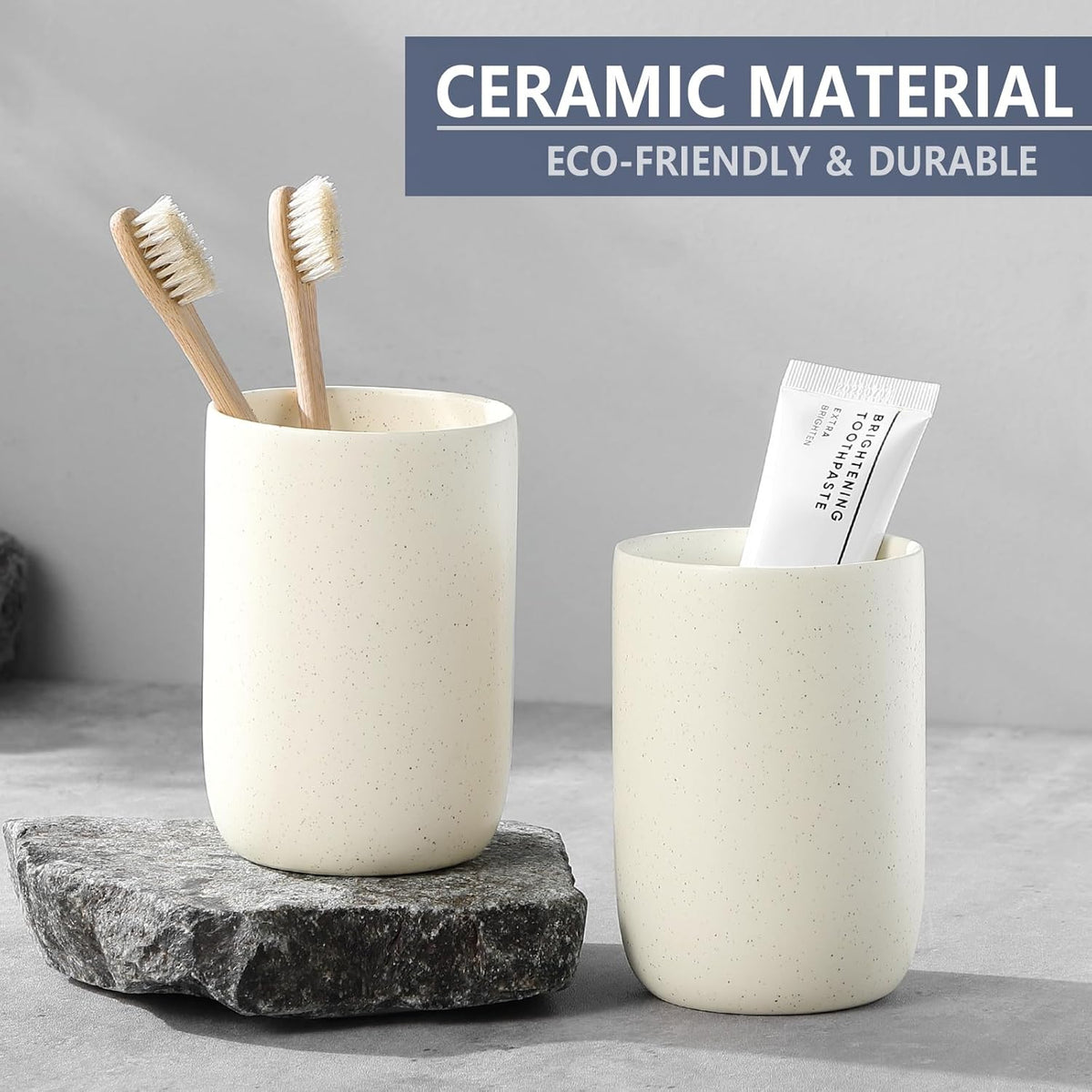 Beige Toothbrush Holders for Bathrooms - 2 Cups Ceramic Toothbrush Toothpaste Holders Set, Beige Bathroom Tumbler Cups Reusable Toothbrush Mouthwash Cup, Bathroom Counter Organizer
