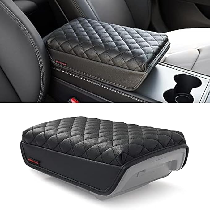 KMMOTORS Model y, Model 3 (2021-2024) Center Console Cover Quilting Black, Armrest Cushion, Console Protector, Vegan Leather (Black)