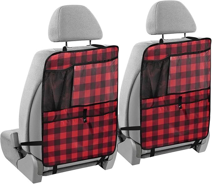 1 Pack Back Seat Car Organizer with Storage Pockets Kick Mats Back Seat Protector Hanging Car Organizer Automotive Seat Back Cover Organizers Red and Black Buffalo Plaid