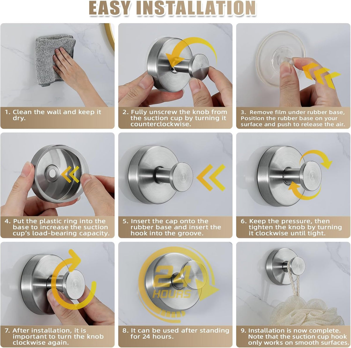 Suction Cup Hooks for Shower No-Drill Bathroom Hooks for Towels, Robes, Loofah Mountable on Bathroom Walls, Kitchen, Glass, Mirrors, Tile and Smooth,Non-Porous Surfaces (4, Brushed Nickel)