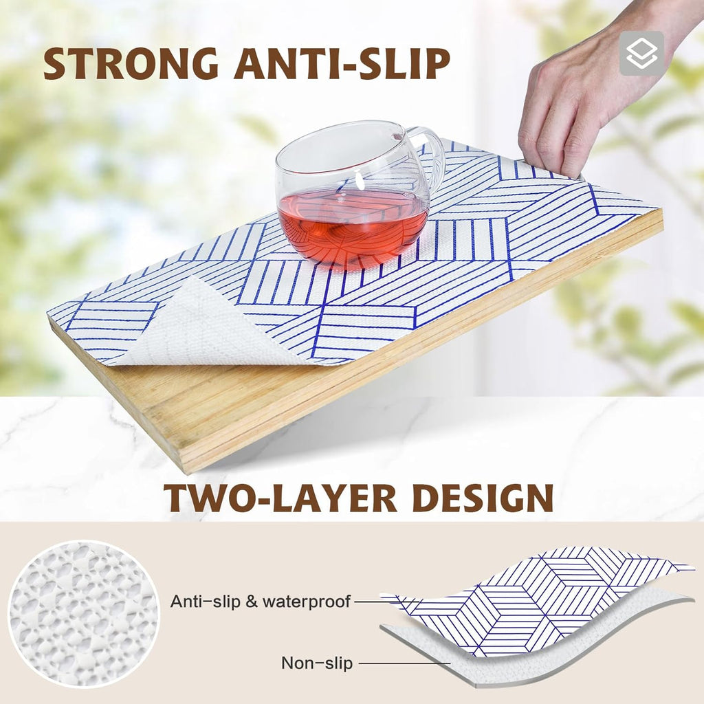 Shelf Liners for Kitchen Cabinets 17.3in x 20FT, Non Adhesive Cabinet Liner Strong Non-Slip White and Blue Geometric Drawer Liner, Easy to Clean for Shelf, Cabinet with Knife and Tape Measure