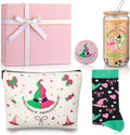 Kacctyen 5 Pcs Pink and Green Gift for Women Witch Stuff 16oz Pink Green Bow Glass Cup Witch Hat Cosmetic Bag Sock Mirror Box Unlikely Friendship Birthday Party Supplies for Movie Lover Gift