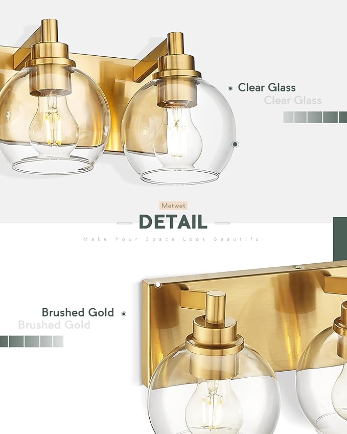 METWET Bathroom Light Fixtures, 2 Light Brushed Gold Vanity Light, Modern Wall