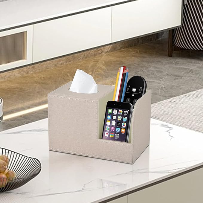 XNONE PU Leather Square Tissue Box Cover,Multifunctional Tissue Box Holder,Tissue Box with Storage,Tissue and Remote Control Holder,Tissue Box Decorative Desk Organizer for Home&Office,Beige