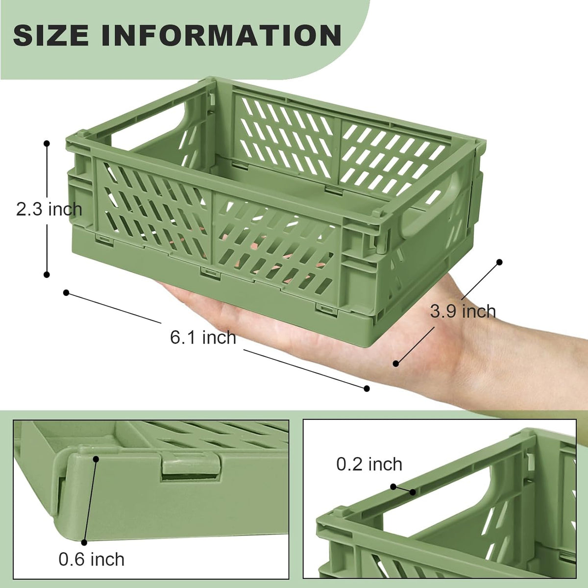 Small Pastel Plastic Storage Bins 2Pcs Foldable Pastel Crates Plastic Basket Colorful Storage Containers Baskets for Classroom Kitchen Office Bedroom Desktop Home Decor (Green 5.8" x 3.8" x 2.2")