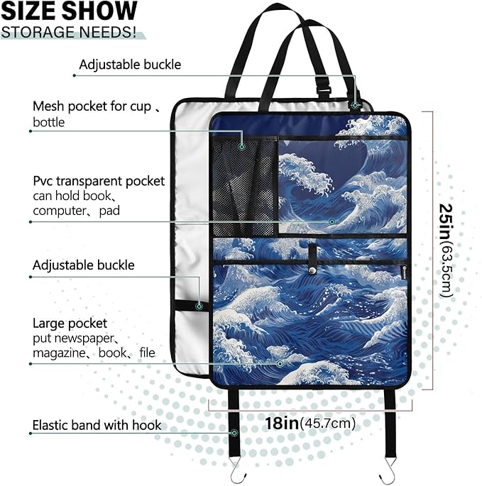 1 Pack Back Seat Car Organizer with Storage Pockets Kick Mats Back Seat Protector Hanging Car Organizer Automotive Seat Back Cover Organizers Japanese Deep Blue Sea Waves
