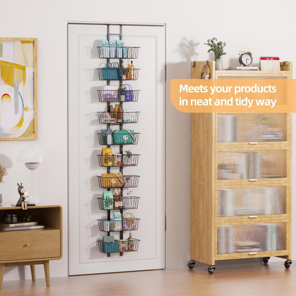 10-Tier Over The Door Organizer with Baskets - Heavy Duty Spice Rack Metal Hanging Shelf for Pantry & Kitchen | Adjustable Spice Rack, Space-Saving Hanging Storage for Bathroom, Laundry, Black