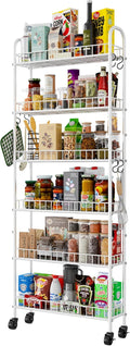 6 Tier Slim Rolling Storage Cart with Wheels, Metal Mobile Shelving Unit Organizer Utility Cart for Office Bathroom Kitchen Laundry Room Narrow Places (White 6 Inches)