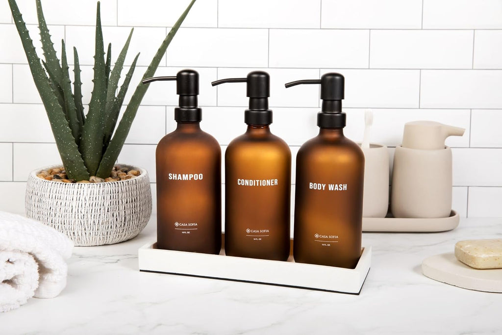 Frosted Amber Glass Shampoo and Conditioner Dispenser Set – Refillable 16 OZ Bottles with Pump, Concrete Tray Included – Modern Bathroom Organization