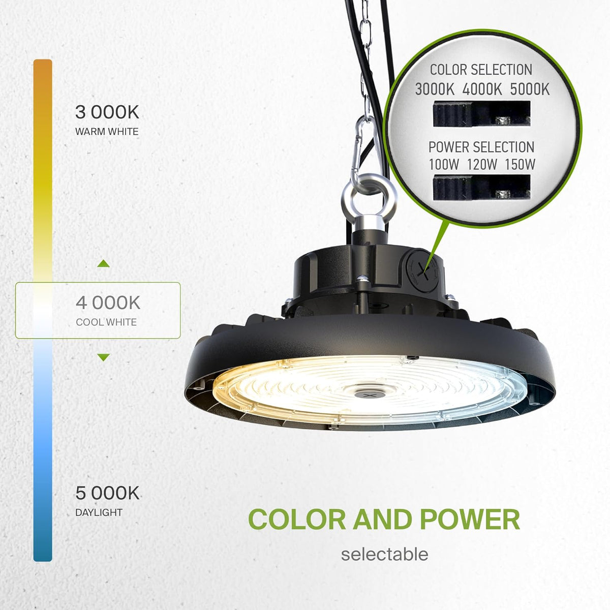 ASD LED High Bay UFO Light Fixture, Commercial Shop Lighting | 3CCT, Dimmable, IP69K Waterproof, DLC Premium, UL Listed | 150W 23600LM 3000-5000K 100-277V | Warehouse, Garage, Workshop Lamp | Black