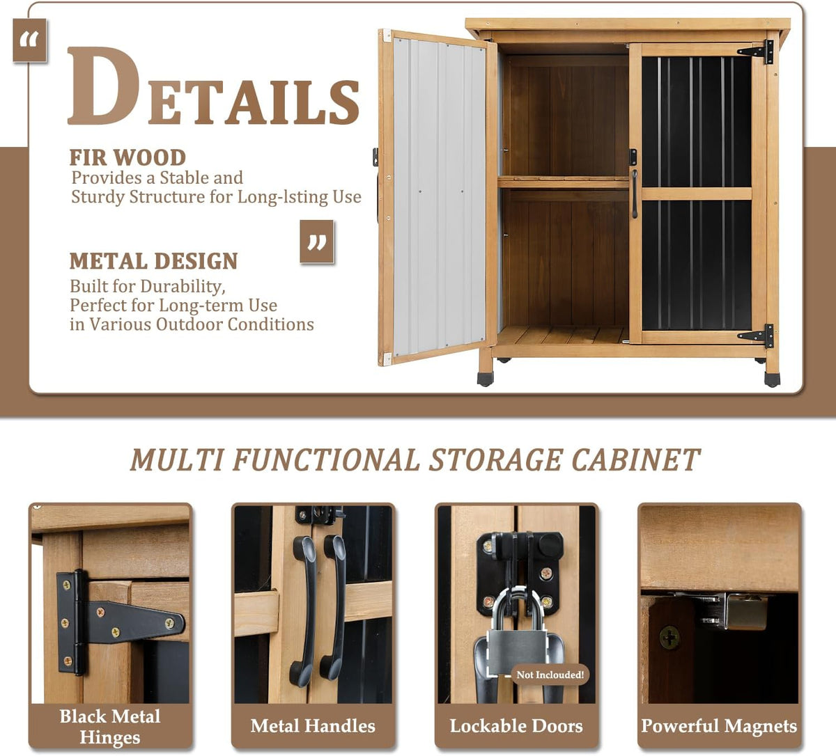 Weatherproof Outdoor Storage Cabinet with Lockable Doors, Wood & Metal Garden Storage Shed Patio Storage Box for Tools & Lawn Equipment, Pool Accessories