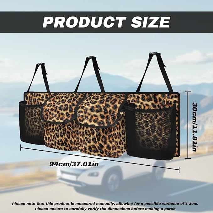 SEANATIVE Brown Leopard Car Trunk Organizer, Large Capacity Car Organizer SUV, Equipped with Robust Elastic Net, Hanging Car Storage Organizer with Lids, Space Saving Expert