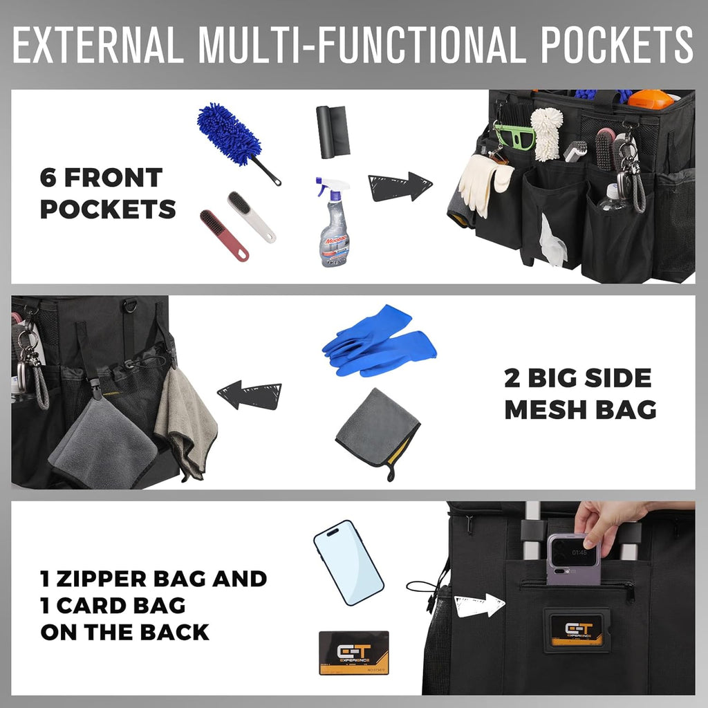 Rolling Cleaning Caddy Bag with Detachable Trolley, Large Cleaning Supplies Organizer with Wheels, Multi Pocket Cleaning Cart with Adjustable Shoulder Strap for Housekeepers & Home Use, Black