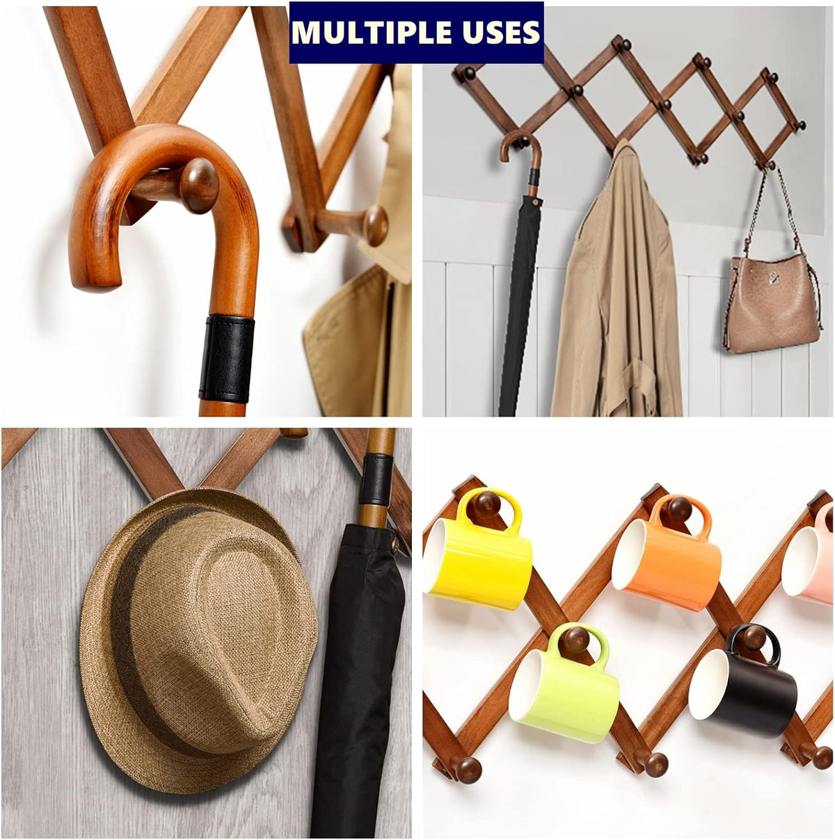 Amber Home Wood Accordion Wall Rack 13 Hooks (Pegs), Expandable Wall Mounted Hanger for Coat, Hat, Scarf, Coffee Mugs, X Shape Coat Hooks (Antique Retro Color)