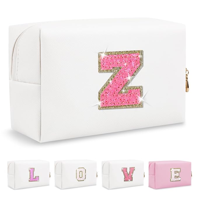 Small Personalized Initial A-Z Patch Makeup Bag,White Cute PU Leather Glitter Letter Cosmetic Bag for Teen Girls,Travel Toiletry Bag with Zipper,Preppy Monogrammed Birthday Gift for Daughter Niece Z
