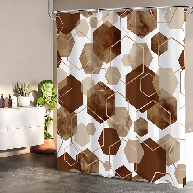 Litabel Brown and Grey Modern Shower Curtain for Bathroom, Geometric Art Decor Waterproof Bath Curtain, Abstract Fabric Shower Curtain Sets for Home Decor, 72x72 Inch